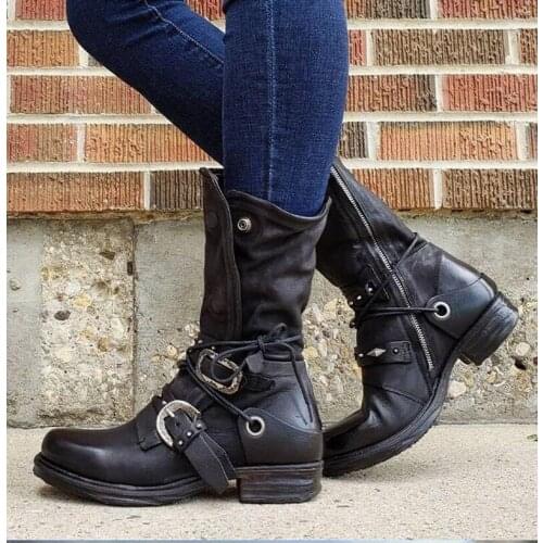 Womens boots fashion temperament double row belt buckle Cavalier boots comfortable and durable womens shoes personality