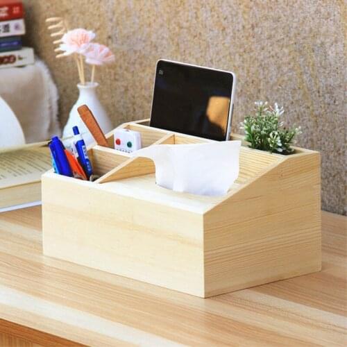 No Paint Wooden Tissue Box Office Organizer Eco Natural Wood Multi-Function Storage Box Remote Controller Holder Pen Container