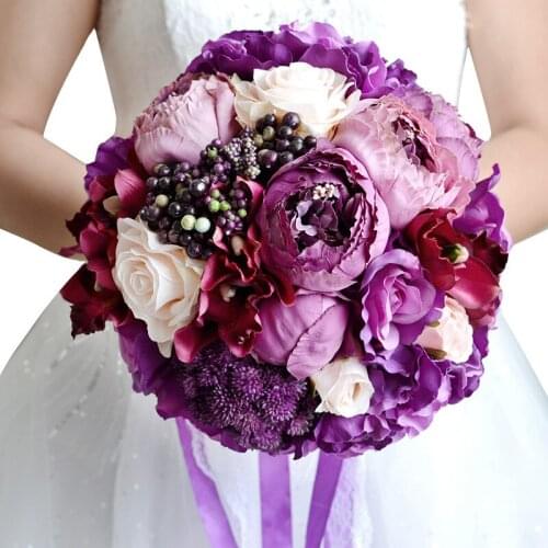Purple Wedding Bouquet Artificial Silk Flower Rose Posy Throw Bouquet Valentines Day Confession Party Church flor artificial