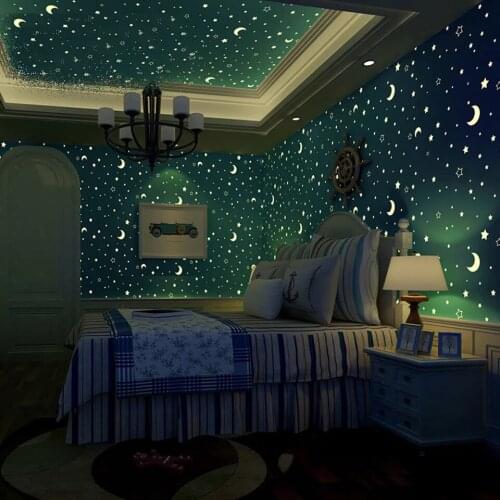 3D stars moon warm childrens room luminous non-woven wallpaper boys and girls bedroom cartoon fluorescent wallpaper