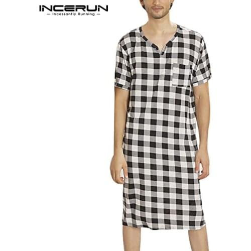 INCERUN Mens Leisure Plaid Sleep Robes 2021 Summer Man Comfortable Pockets Nightgown Short Sleeve V Neck Casual Bathrobes S-5XL