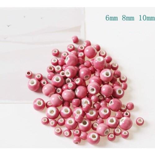 Missxiang 50 PCS Pink Round Ceramic Beads Handmade Porcelain DIY Hole Beads for Jewelry Making 6mm 8mm 10mm Loose Beads