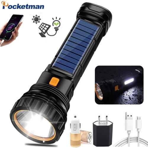 Powerful Solar Charging Flashlight USB Rechargeable Flashlight Outdoor Camping Torch Waterproof Flashlight Emergency Torch