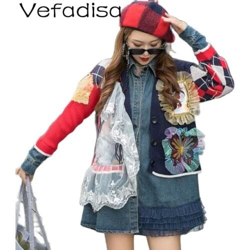 Vefadisa 2021 Autumn New Women Clothing Heavy Knit Stitching Denim Shirt Jacket Mid-length Loose Denim Jacket TT308