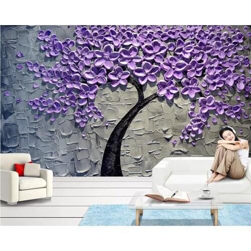 Beibehang Custom wallpaper purple money tree oil painting three-dimensional knife painting rich tree TV background 3d wallpaper
