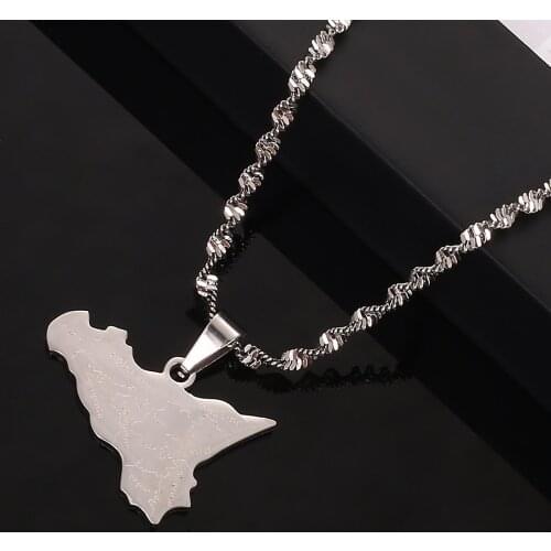 Stainless Steel Silver Color Map of Sicilia Pendants Necklace Trendy Sicilia Map Chain Jewelry