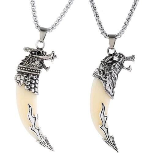 Punk Fashion Stainless Steel Pendant Necklace Wolf Tooth Spike Dragon Charm Women Amulet Alloy Long Chain Brave Men Jewelry Gift