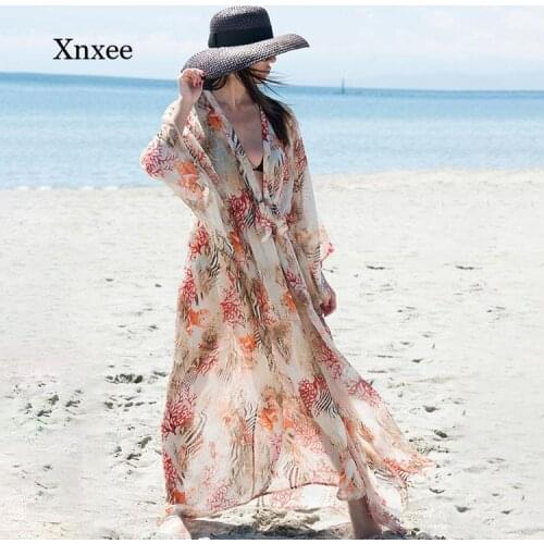 2021 Beach Cover Up Chiffon Boho Dress Plus Size Kimono Front Open Belt Beach Cover Up Robe Plage Swimsuit Beachwear Dress