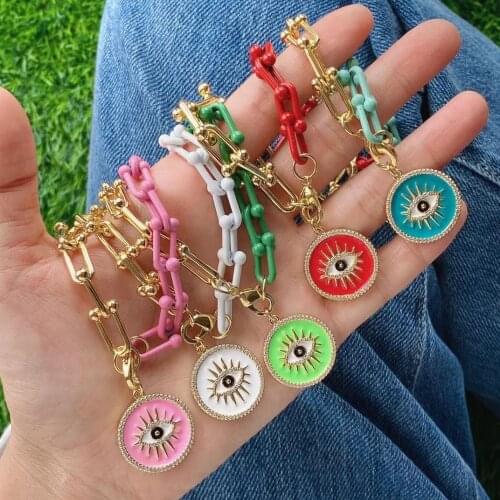 3Pcs New Womens Colorful Enamel Eyes Round Coin Shape Pendant Gold Plated Micro CZ Pave Charm Necklace Jewelry