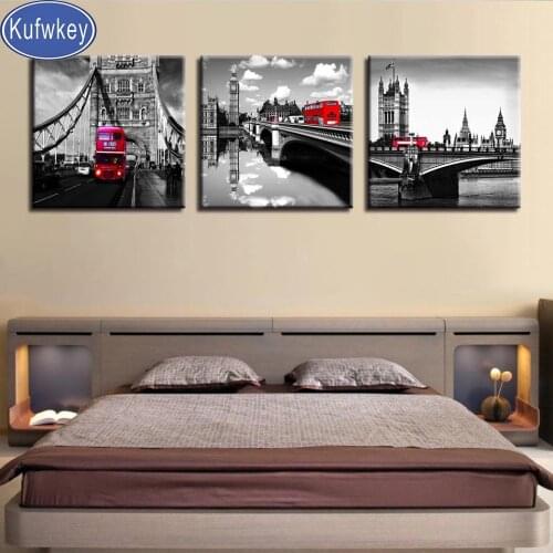3 Pieces London Bridge Tower diamond painting mosaic diamond embroidery full round square drill Red Car Bus Posters Home Decor