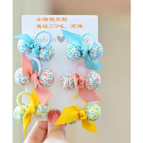 6pcs/Set Girls Small Elastic Hair Bands Print Double Balls Hair Ties Rope Knotted Bows Ponytail Holder Cute Headband Headdress