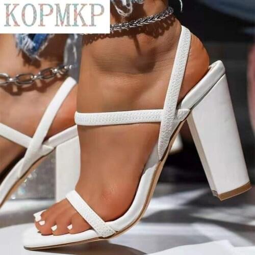 NEW Summer Fashion Sexy White Womens Sandals Sweet Narrow Band PU Solid Stiletto Square Heels Sandals Retro Zapatos De Mujer