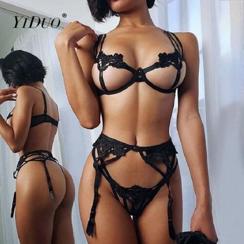 YiDuo Two Piece Sexy Lingerie Lace Hollow Out Womens Transparent Underwire Bra Set Black Lingerie Set Sexy Hot Erotic 2020