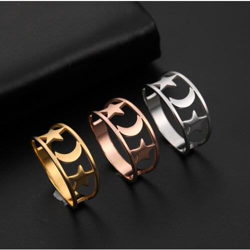 Skyrim Fashion Moon Star Ring Women Girls Stainless Steel Hollow Casual Luxury Gold Color Rings Jewelry Anniversary Gift 2021