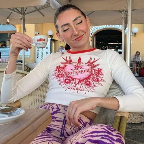 Harajuku Top Gothic Print Casual Cotton T shirt Women Autumn Long Sleeve White Crop Top Sweatshirts Fashion Skinny Tee Shirt