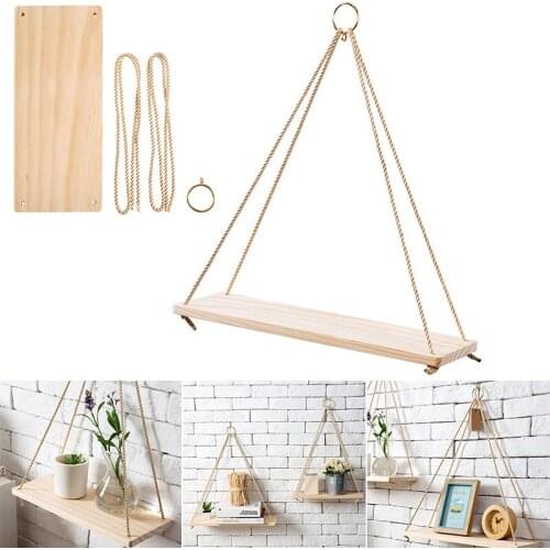 1PC Twine Wooden Wall Shelf Flower Pot Rack Hanging Rope Rack Flower Pot Storage Rack Home Wall Hanging Wall Decoration
