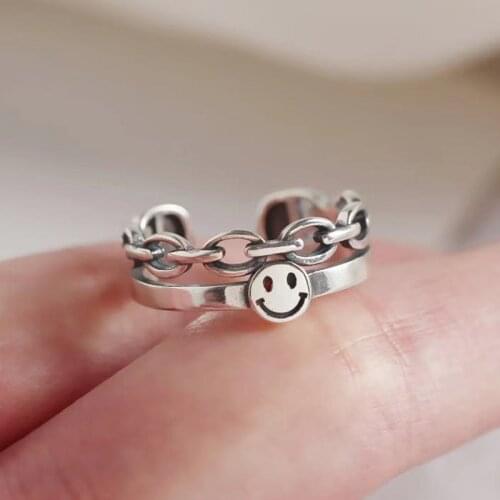 Vintage Smile Face Rings Punk Hip Pop Finger Rings for Women Men Kpop Cute Smile Opening Adjustable Ring Fashion Jewelry Gifts