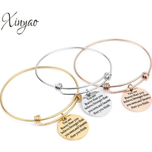 XINYAO Rose Gold Round Charm Bracelet For Women Stainless Steel Charm Bangle Bracelet Engraved You Are Braver Than You Believed