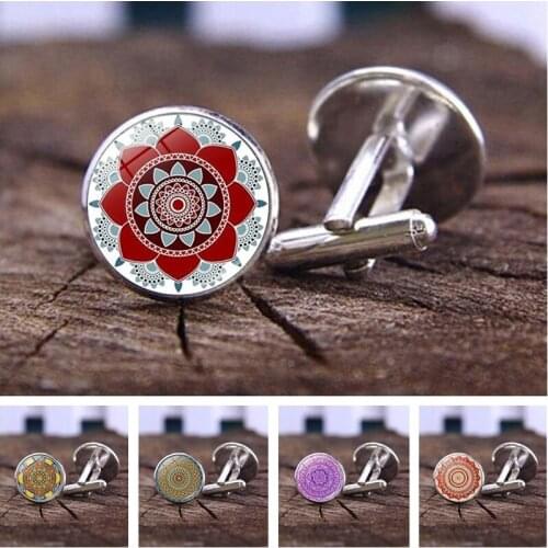 Mandala Flower Cufflinks for Mens Classic Budddhist Sacred Geometry Jewelry Suit Shirt Cuff Links Men Accessories Birthday Gift