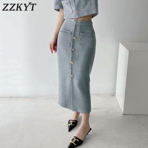 ZZKYT 2021 Women Summer Vintage Solid Single Breasted Midi Skirt Fashion Pockets Streetwear Ladies Skirts Office Lady Vestidos