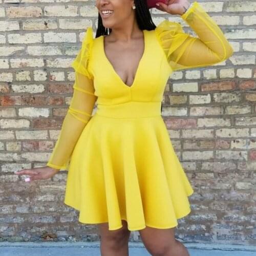 Women Summer Sexy Mini Dresses Deep V Neck Pleated Mesh Sleeves Dress Evening Party Fashion Solid Fit And Flare Female Clothing