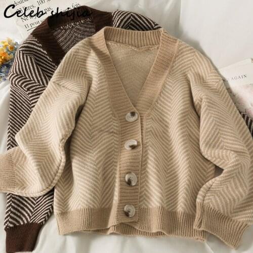 New Woman Sweater Fall 2021 Striped Vintage Single Breasted Elegant Woolen Cardigan Women Apricot Oversized Harajuku Sweater