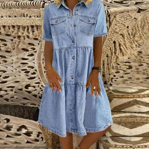Women Dress Short Sleeve Turn Down Collar Pockets Single-breasted A Line Denim Dress Womens Clothing vestido de mujer 2021