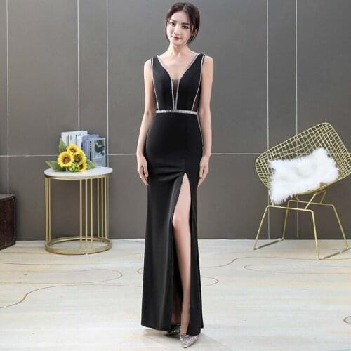 Evening Dress Black Simple V-Neck Mermaid Sleeveless Fashion Zipper Back Floor-length Plus size Women Formal Party Dresses C1344