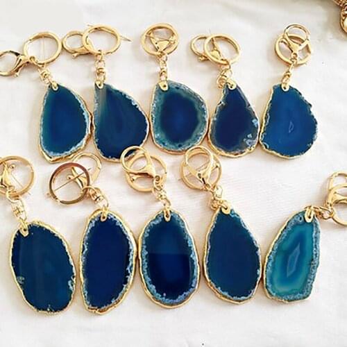 1Pcs Blue Gems Crafts Stone Pad Semi Agate Slice Onyx Key Chain Pendants Customed with Carving