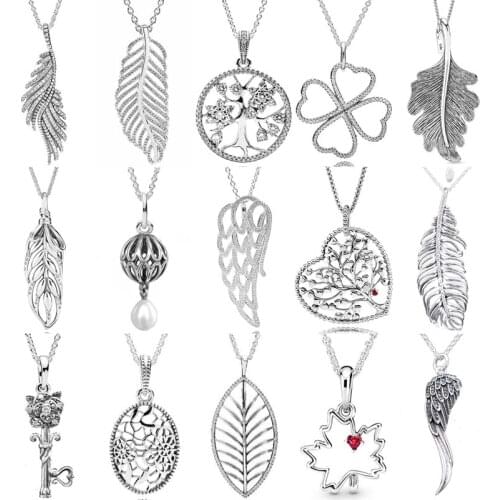 100% 925 Sterling Silver Oak Leaf Cut-out Heart With Life Majestic Light As A Feather Necklace Fit Pandora Charm Trendy Jewelry