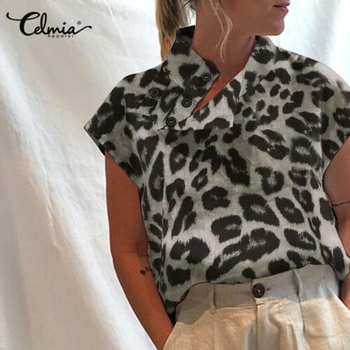2021 Summer Fashion Leopard Print Blouses Celmia Women Casual Short Sleeve Tops Vintage High Collar Blusas Femininas