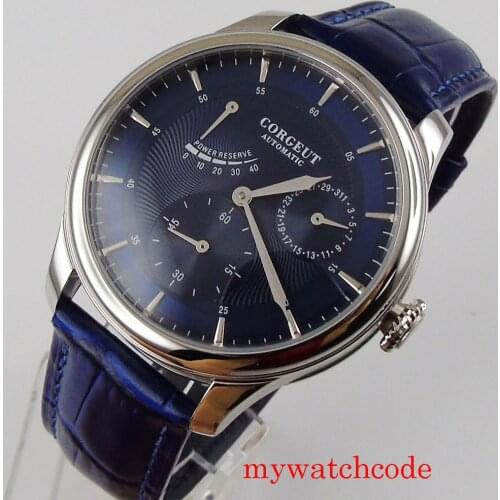 42mm Corgeut Automatic Men Watch Black/Blue/White Dial Power Reserve Leatherr Strap Glass Back Polished Case
