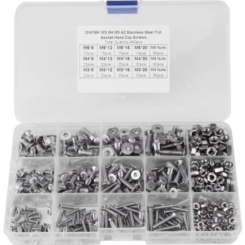 440 Pieces of M3 M4 M5 Hexagon Head Screws and Hexagon Nuts Hexagon Socket Countersunk Head Stainless Steel Set