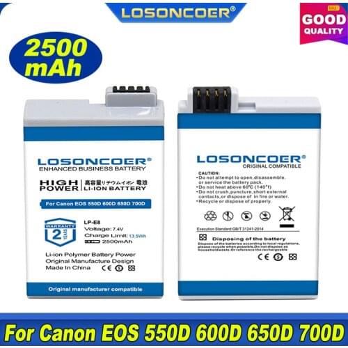 100% Original LOSONCOER 2500mAh LP-E8 Battery For Canon EOS 550D 600D 650D 700D Kiss X4 X5 X6i X7i Rebel T2i T3i T4i T5i DSLR