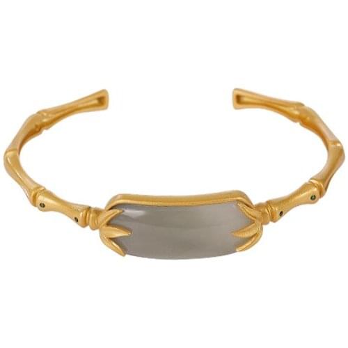 S925 sterling silver gold-plated natural Hetian jade Smokey Violet bracelet vintage bamboo leaf bamboo joint womens opening