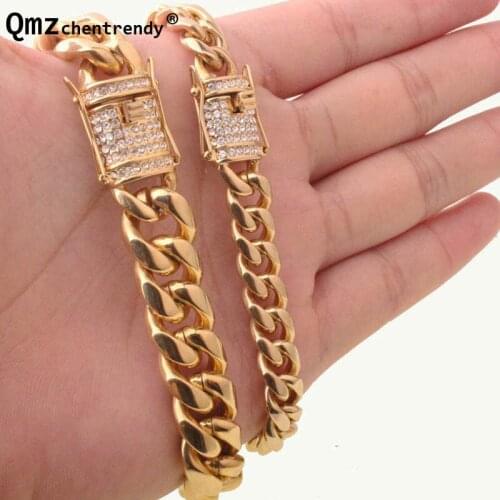 10/14mm Cuban Miami Link Bracelets Stainless steel Rhinestone Clasp Iced Out Hip hop casting Chain bangle bracelet