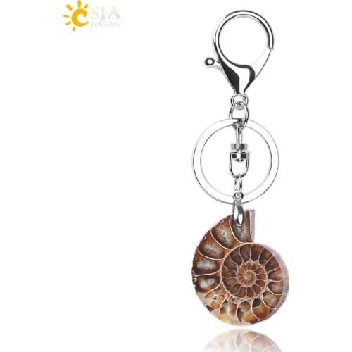 CSJA Motorcycle Car Door Keychains Key Rings Key Holder Lobster for Mens Women Natural Stone Ammonite Animal Shell Pendants F024
