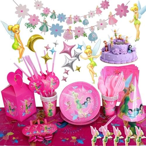 Disney Princess Tinkerbell Bell Disposable Tableware Baby Shower Tinker Bell Birthday Party Decoration Plate Cup Straw Napkin