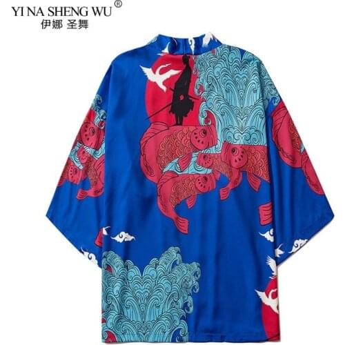 Japanese Style Black Crane Fish Kimono Streetwear Yukata Blouse Women Cardigan Harajuku Robe 2020 Men Japan Traditional Clothes