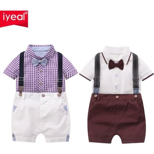 IYEAL New Fashion Gentleman Boy Clothes Suit Cotton Shorts Sleeve Tops+Overalls 2PCS Outfits Kids Boy Sets Summer Bebes Clothing