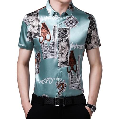 Male Silk Shirt Summer Floral Printed Silk Clothes Fashion Man Printing Satin Silk Dress Shirts Short Sleeve