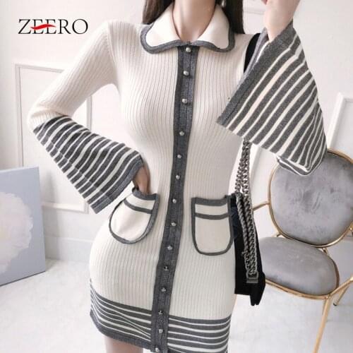 Autumn Female Stripe Lapel Single-breasted Pocket Flared Sleeves Straight Slim Knitting Dress for Women Sweater Mini Dresses