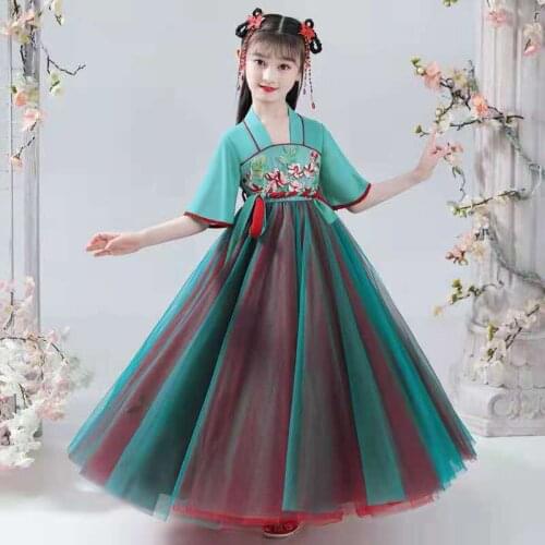 Middle School Children Chinese Hanfu girl dress fairy Chinese style flower embroidery spring summer ancient performance clothing