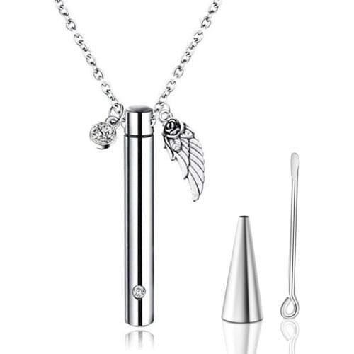 Stainless Steel Cylinder Jewelry Urn Holder Pendant With Birthstone and Wing Charm Cremation Memorial Necklace
