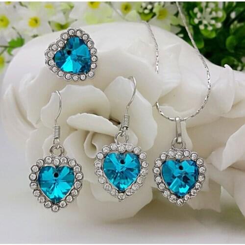 QiLeSen Fine jewelry 925 sterling silver suitable for ladies set, Ocean heart sea blue Necklace Earring Ring Set YW163