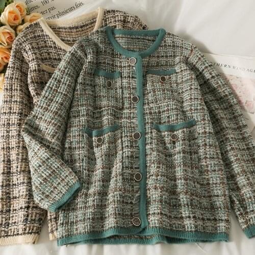 Retro tweed bright silk plaid mid-length cardigan womens sweater Coat autumn long-sleeved elegant button pocket cardigans trend