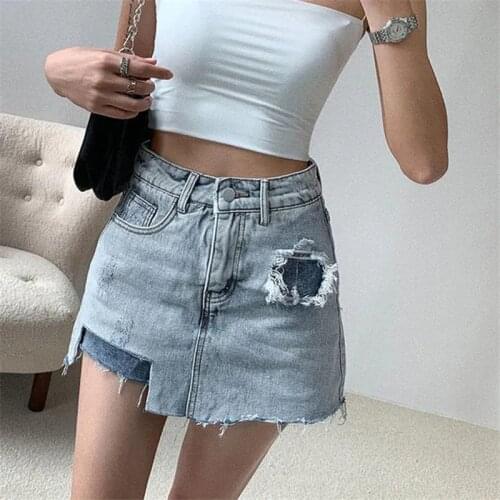 Sexy Summer Ripped Denim Skirts Women Korea Fashion High Waist Anti-light Pencil Jean Skirt 90s Aesthetic Mini Saias Vestidos