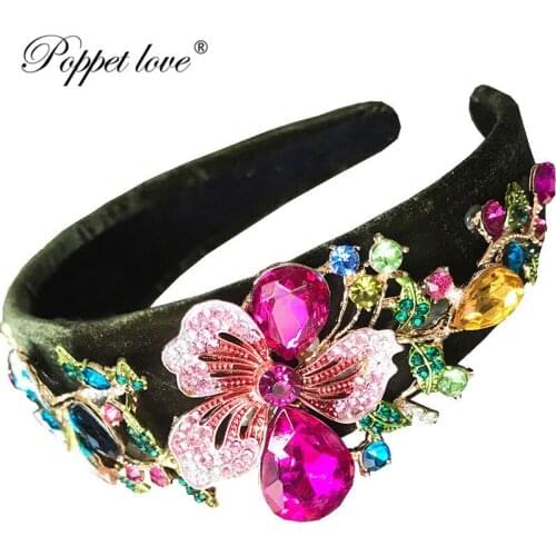 High Quality Royal Wide Side Flannel Inlaid Crystal Flowers Colorful Baroque Headband For Women Wedding Hair Accessories Gift