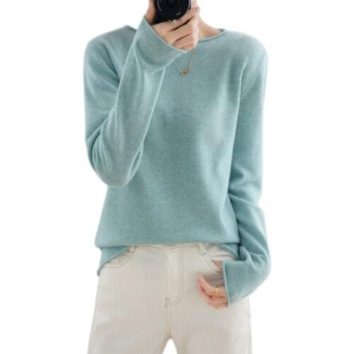 21 Spring Autumn New Crimping Round Neck 100% Pure Wool Sweater Womens Pullover Basic Pure Color Wild Knitted Bottoming Shirt
