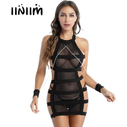 Womens Erotic Sexy Elastic Lingerie Set Nightwear See-through Mesh Backless Mini Dress with Metal Chain Decor Cuffs G-string